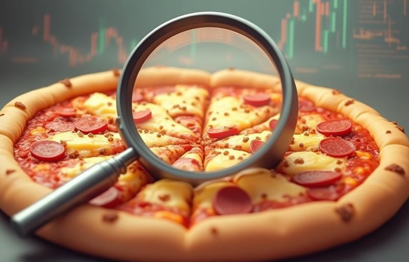 Magnifying glass examining pizza slice